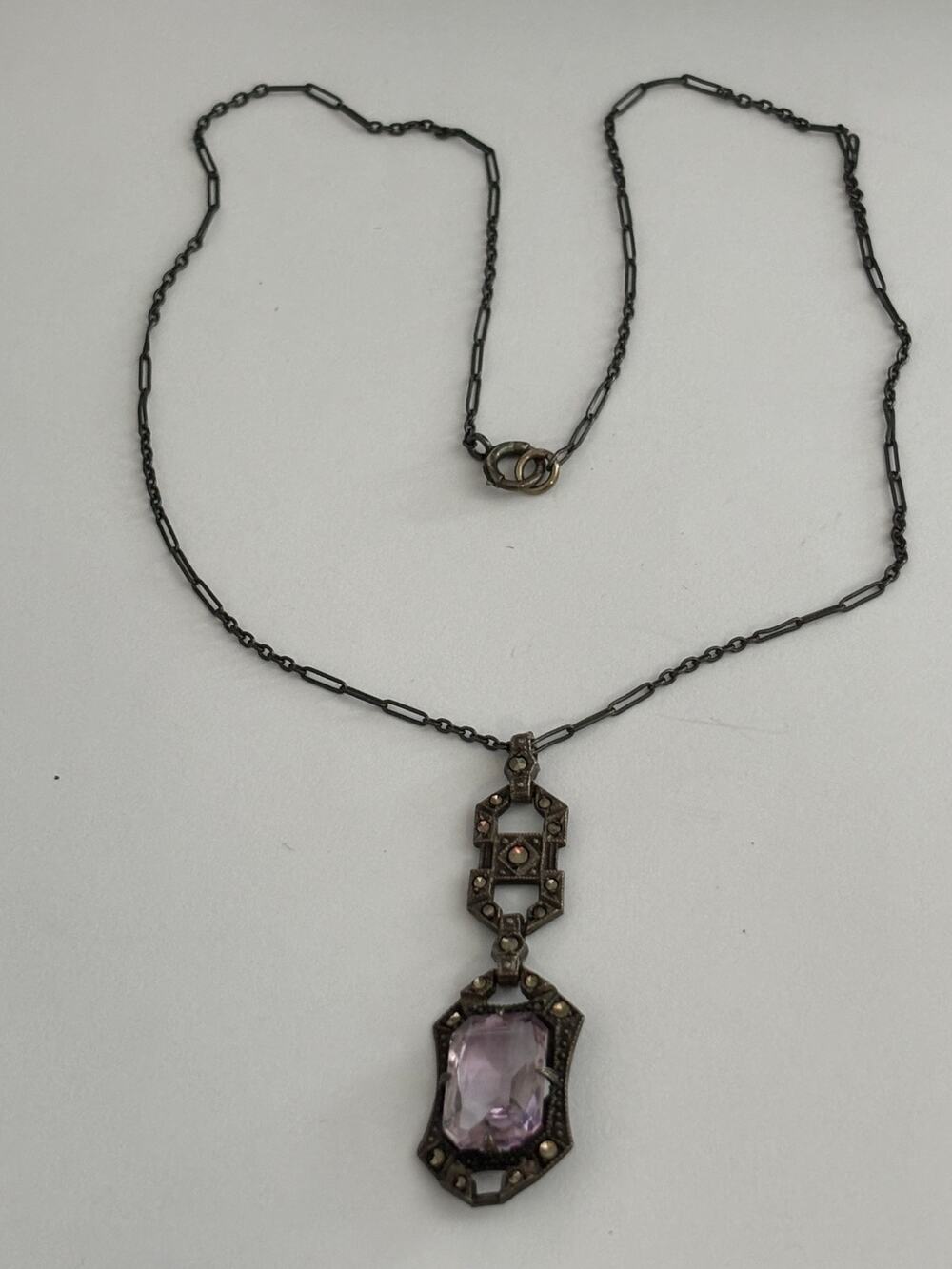 Vintage / Antique Art Deco Sterling Silver Amethyst Marcasite Necklace
